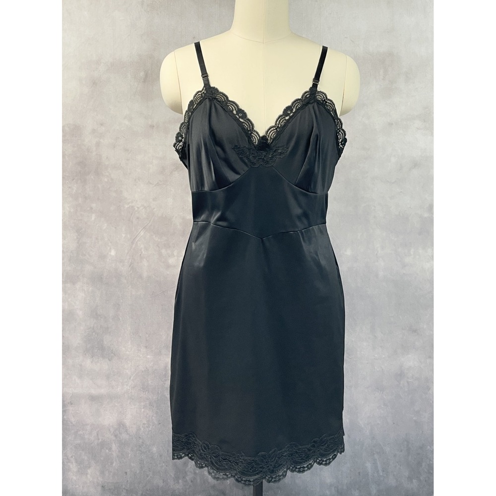 Vintage 50s Shadowline Women Slip Dress Size 42 Black Lace Trim Pinup Coquette